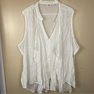 Cato Women’s Plus V-Neck White Sleeveless Button Down Ruffle Details Blouse